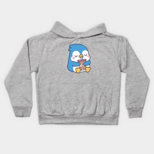 Cute Blue Penguin Drinks Boba Tea Kids Hoodie